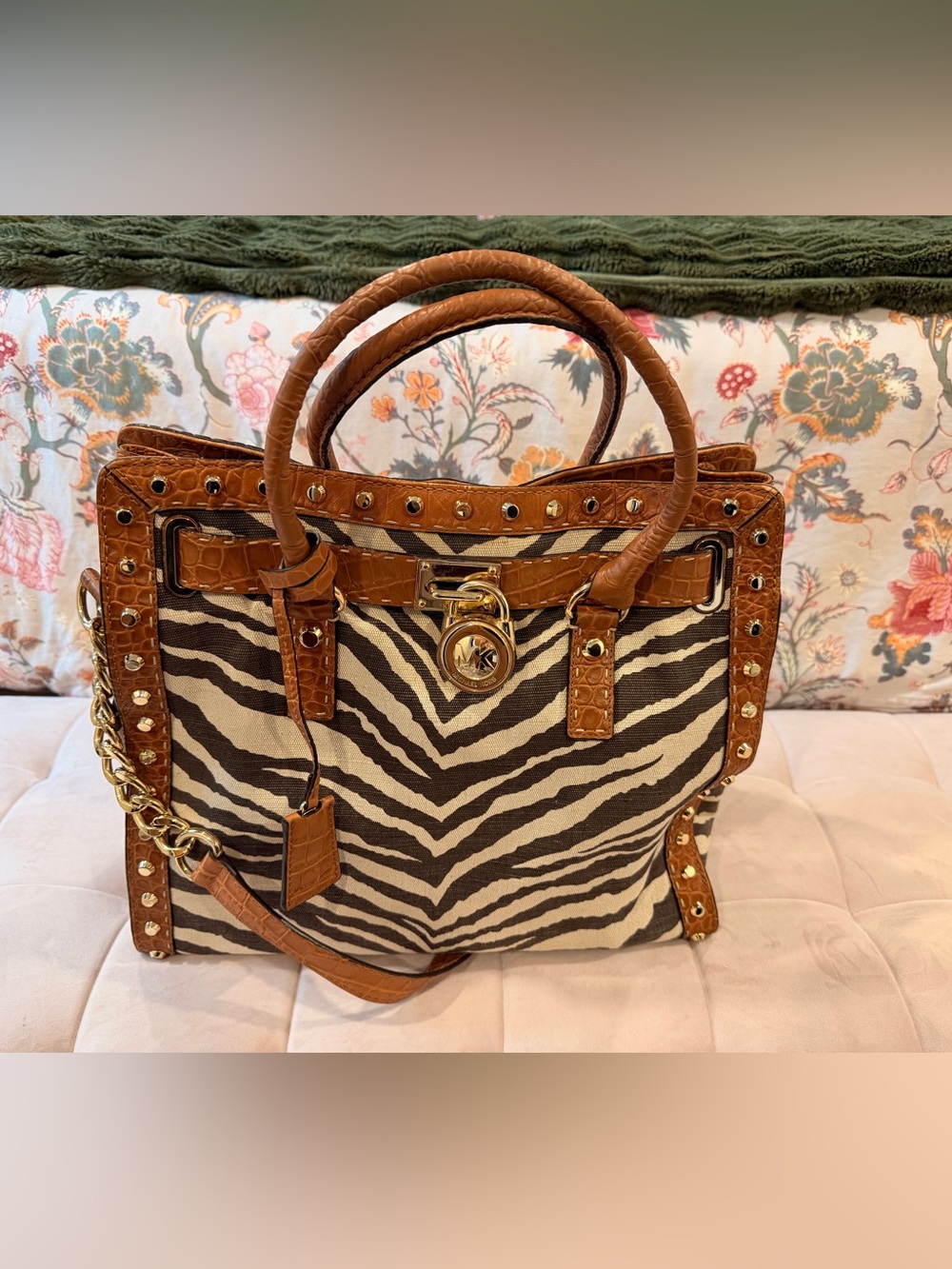 Michael Kors Zebra-Print Canvas Tote with Brown Croc Trim